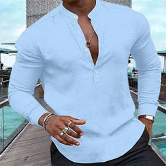 Fashion Men's Long Sleeve Solid Color Half Cardigan Henley Collar