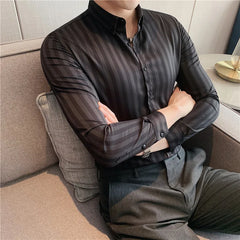 2023 Spring Shirts Men Dress Vertical Stripe Shirts Slim Men Casual