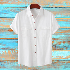 Cotton Linen Solid White Shirts for Men Summer Double Pocket Short