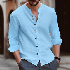 Men's Long leeve Sleeve Tshirt V neck 7 Buttons Button Cotton Linen