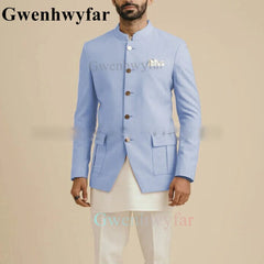 Gwenhwyfar New Indian Style Black Mens Suits With Pant Stand Collar