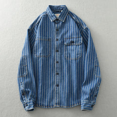 Vintage washed vertical stripe denim shirt men's loose large size