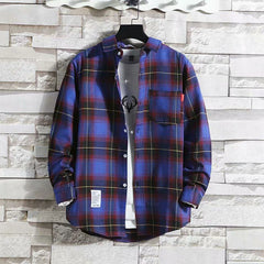 Men's Casual Plaid Shirt Polyester Long Sleeve Lapel Plaid Casual