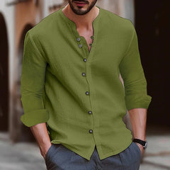 Retro Style Summer Men's Casual Cotton Linen Shirt Mock Neck Solid