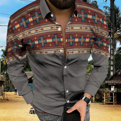 Social Fashion Men Shirts Casual  Buttoned Shirt Aztec Ethnic Print