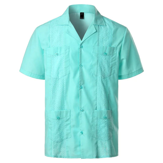 Embroidery Patchwork Shirts for Men Multi-Pocket Mens Casual Short