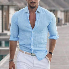 New Men Casual Cotton Linen Shirts Turn-down Collar Solid Color Long