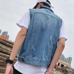 Men Denim Vests 2023 Spring Summer Ripped Long Hole Jeans