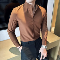 Mens Standing Collar Shirt Long Sleeved 2024 Autumn New Solid Color