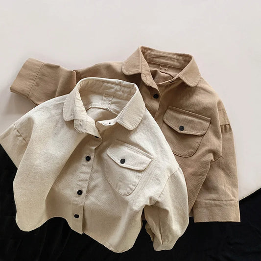 Spring Autumn Children Shirts 1-8Y Boys Cotton Pocket Solid Daily