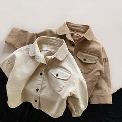 Spring Autumn Children Shirts 1-8Y Boys Cotton Pocket Solid Daily