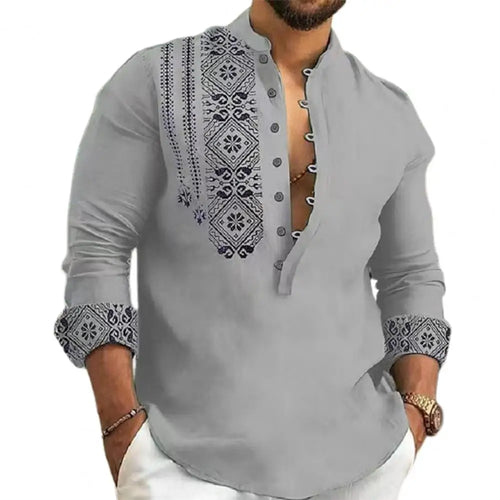 Spring Fall Men Shirt Vintage Ethnic Style Stand Collar Men Top Half