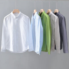 Green Cotton Linen Casual Shirts For Men Basic Classic Long Sleeve