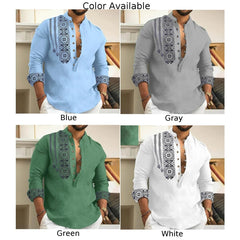 Men Long Sleeve Button-Down Shirt Blouse Loose Henley V-Neck Beach