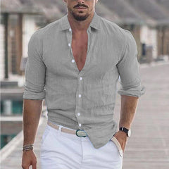 New Men Casual Cotton Linen Shirts Turn-down Collar Solid Color Long