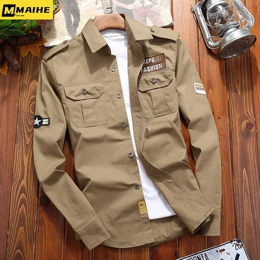 Men's Shirts unload Cotton Shirt Khaki Casual Retro Slim Fit with