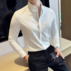 Mens Standing Collar Shirt Long Sleeved 2024 Autumn New Solid Color