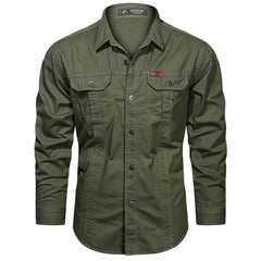 New Autumn Military Style Cotton Pocket Shirt for Men Solid Color Slim