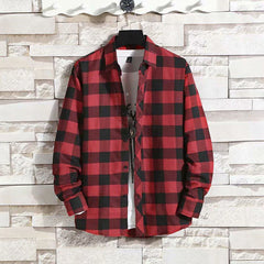 Men's Casual Plaid Shirt Polyester Long Sleeve Lapel Plaid Casual