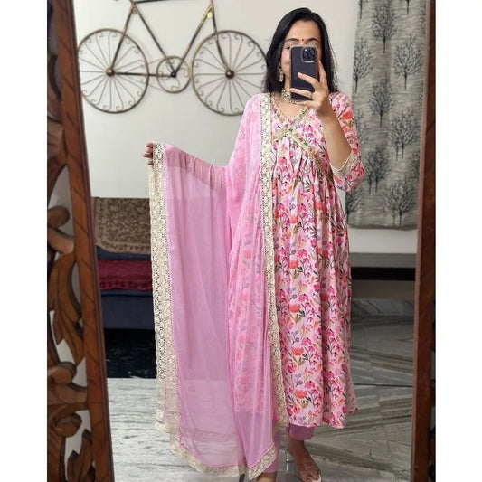 Pink Naira Cut Kurta Palazzo Dupatta Women Designers Salwar Kameez