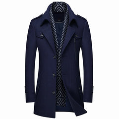 Winter Men's Woolen Coats Fashion Thicken Mid Length Trench Solid Turn