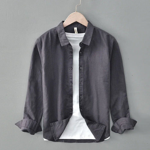 Green Cotton Linen Casual Shirts For Men Basic Classic Long Sleeve