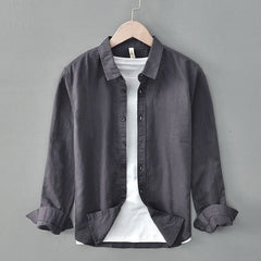 Green Cotton Linen Casual Shirts For Men Basic Classic Long Sleeve