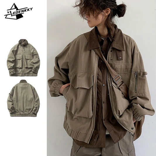Bomber Jacket Men Vintage Multi-pocket Loose Safari Coat Harajuku