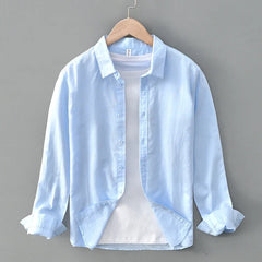 Green Cotton Linen Casual Shirts For Men Basic Classic Long Sleeve