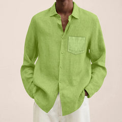 2023 Men's Casual Cotton Linen Shirt Turn Down Collar Solid Long