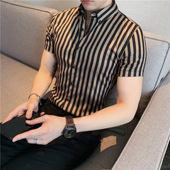 2023 Spring Shirts Men Dress Vertical Stripe Shirts Slim Men Casual