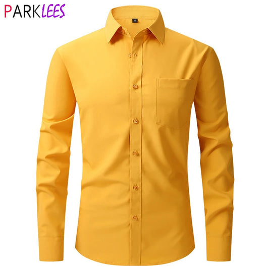 Yellow Mens Dress Shirts 2023 Spring New Regular Fit Stretch Button