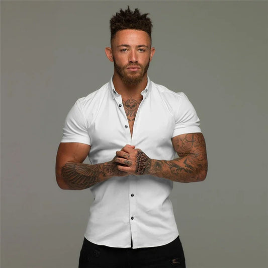 Men's Fashion Dress Shirt Summer Classic Slim Fit Button Short Sleeve