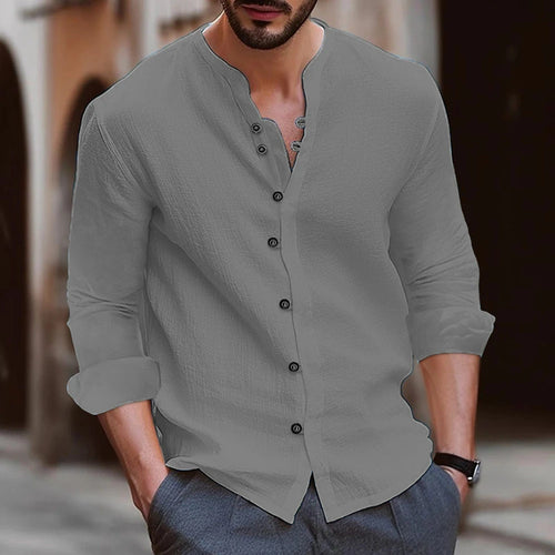 Men's Long leeve Sleeve Tshirt V neck 7 Buttons Button Cotton Linen