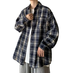 Lapel Collar Shirt Jacket Retro Plaid Print Men's Shirt Coat Long
