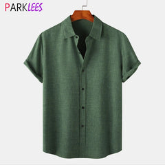 Green Cotton Linen Shirt Men 2023 Summer Brand Short Sleeve Casual