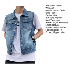 Men Denim Vests 2023 Spring Summer Ripped Long Hole Jeans