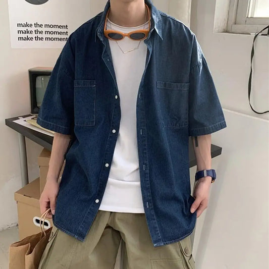 Blue Denim Short Sleeve Shirts Men Summer Thin Korean Fashion Top