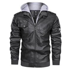 Men Hooded Leather Jackets Slim Casual Leather Coats New Fashion Male