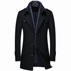 Winter Men's Woolen Coats Fashion Thicken Mid Length Trench Solid Turn