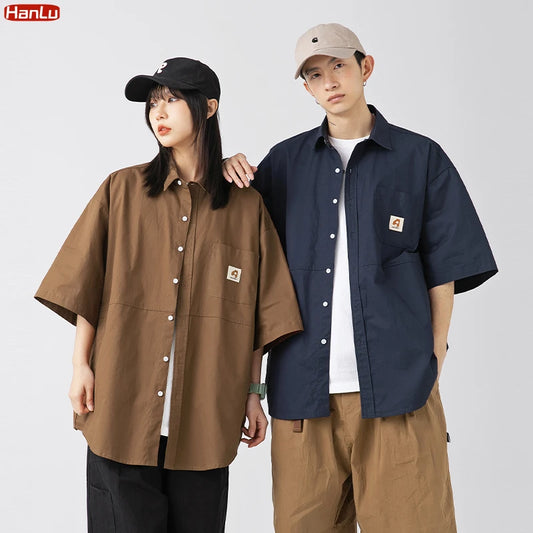 Japan Style Cargo Shirts Men Summer  Pure Cotton Loose Casual Pocket