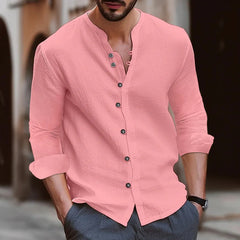 Retro Style Summer Men's Casual Cotton Linen Shirt Mock Neck Solid