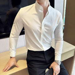 Mens Standing Collar Shirt Long Sleeved 2024 Autumn New Solid Color