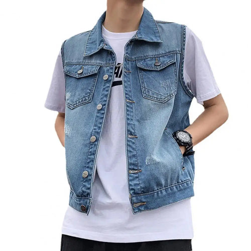 Men Denim Vests 2023 Spring Summer Ripped Long Hole Jeans