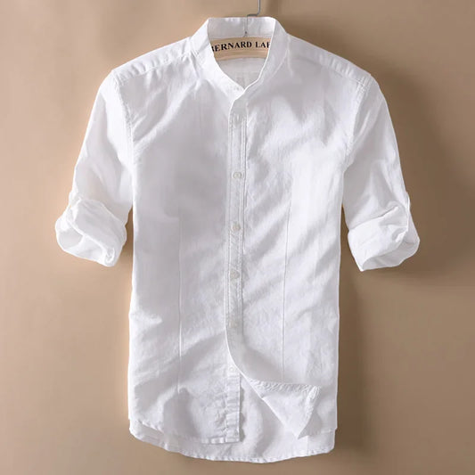 Men Stand Collar Linen Shirts Long Sleeve Mens Button-Front Quality