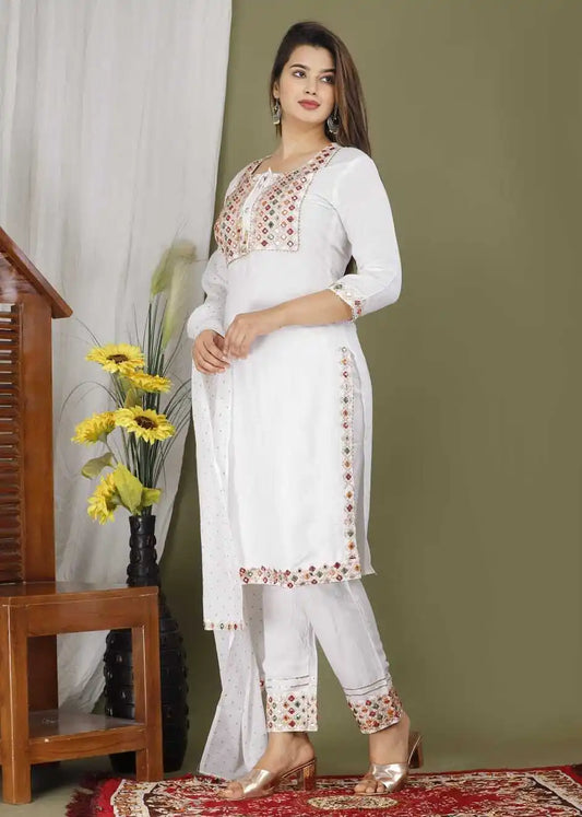 White Kurta Palazzo for Diwali Indian Handwork Stitched Suit Mirror