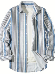 New Men's Long Sleeve Blue White Striped Shirt Fashion Standard-fit