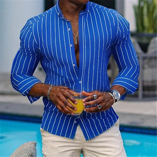 Men's Casual Shirt Buttoned Summer T-Shirt Blue Clover Long Sleeve