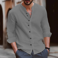 Retro Style Summer Men's Casual Cotton Linen Shirt Mock Neck Solid