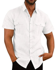 Cotton Linen Hot Sale Men Short-Sleeved Shirts Summer Solid Color